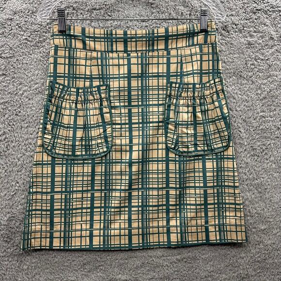 Anthropologie Girls From Savoy Size 4 A-Line Skirt Blue Checkered Front‎ Pockets - Picture 1 of 10